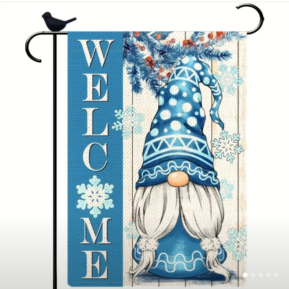 Garden Flag, Winter Gnome, Blue